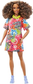 Barbie Fashionistas Doll #201, Athletic Body with Curly Brunette Hair, Graffiti-Print Dress & Accessories Including Boots & Chain Necklace