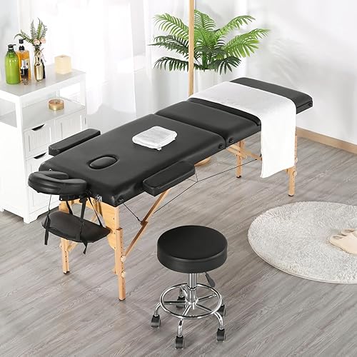 Miniatura 2 de Yaheetech Mesa de masaje plegable de madera con taburete rodante, cama de masaje portátil, taburete de cama de spa, silla giratoria ajustable, mesa