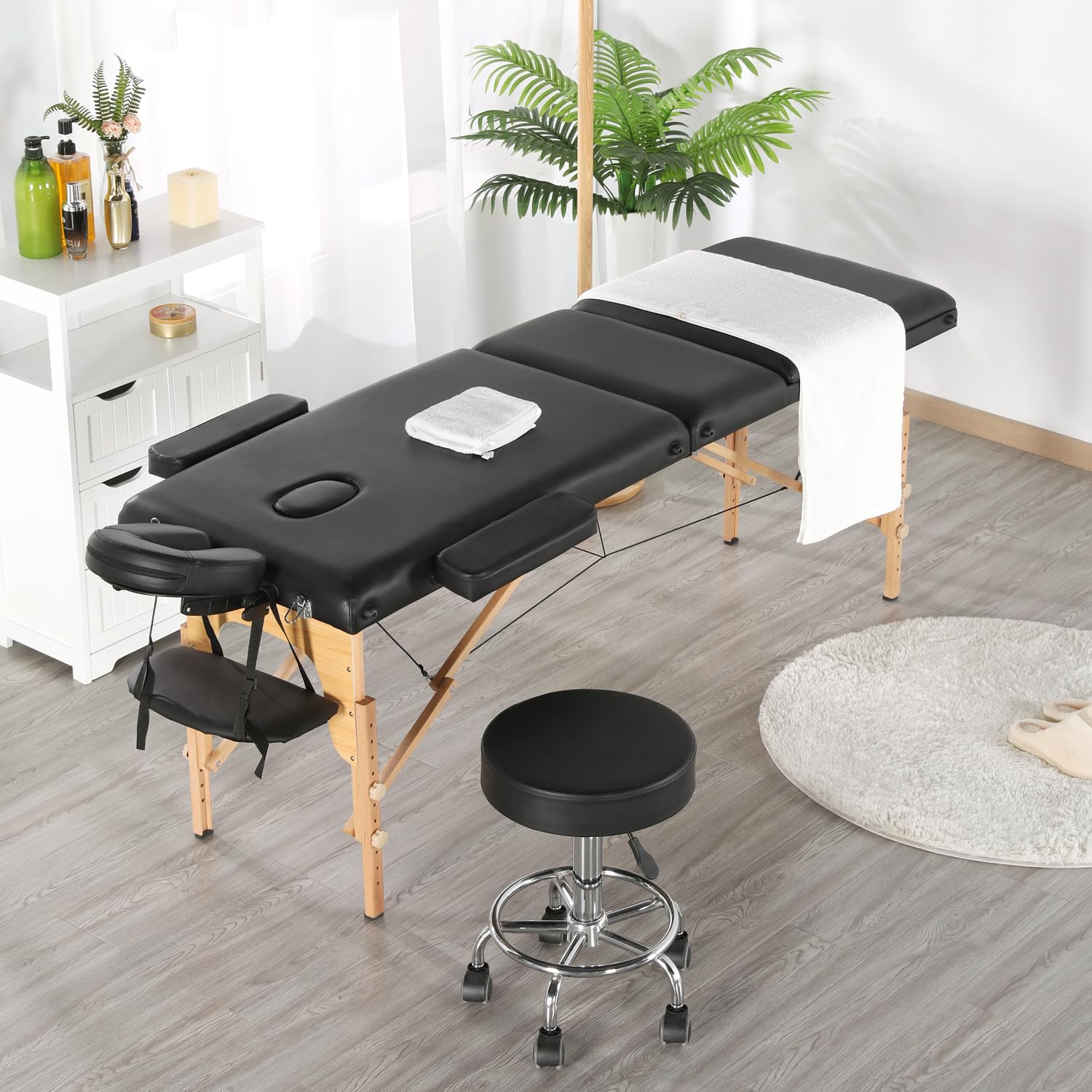 Yaheetech Wood 3 Folding Massage Table with Rolling Stool Portable Massage Bed Spa Bed Stool Adjustable Swivel Salon Chair Massage Therapy Table with Headrest & Armrest Black