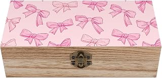 Pink Bow Tie Natural Wooden Storage Box with Hinged Lid - Vintage Decorative Wood Keepsake Box for Jewelry, Photos & Trinkets - Rustic Small Gift Box Organizer (7.9" X 3.9")