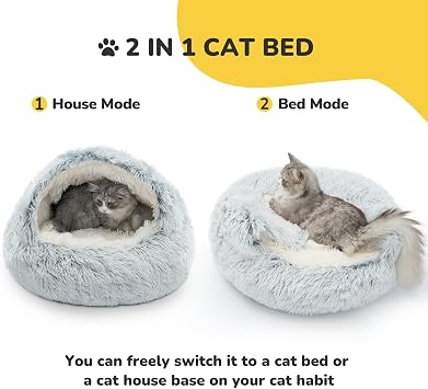 CATISM Cozy Plush Hooded Cat Bed, Indoor/Outdoor, Self-Warming Cave, Removable Washable Non-Slip Bottom