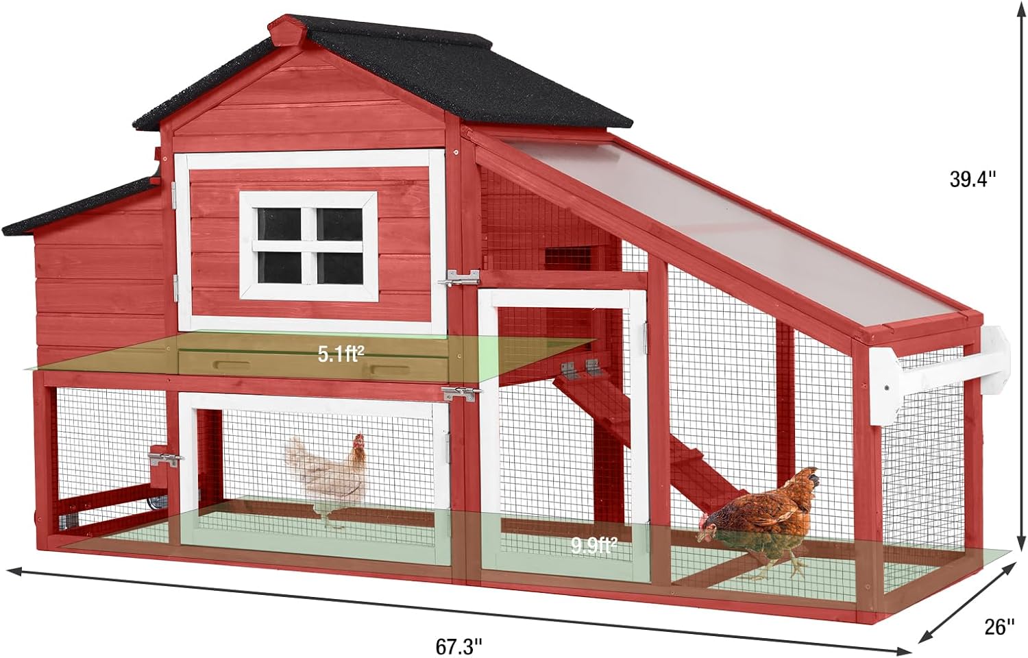 Chicken Coop with Wheels,Outdoor Hen House with Waterproof Asphalt Roof, Wooden Poultry Enclosure with Easy-Clean Slide-Out Tray,Poultry Cage with Nesting Boxes for Duck Rabbit Chicken(Red)