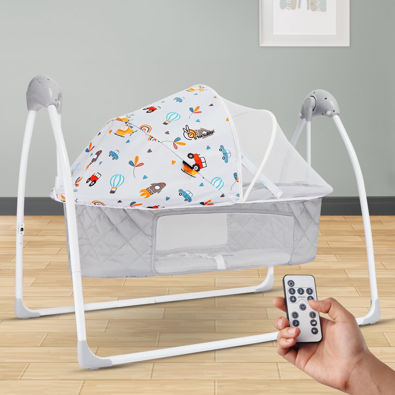 R for Rabbit Lullabies Plus Electric Baby Cradle Automatic Swing with Remote Control, Bluetooth, Soothing Music, Smart Timer & Mosquito Net for New Born Kids Age 0-2 Year Weight Up to 12 KG (Grey)