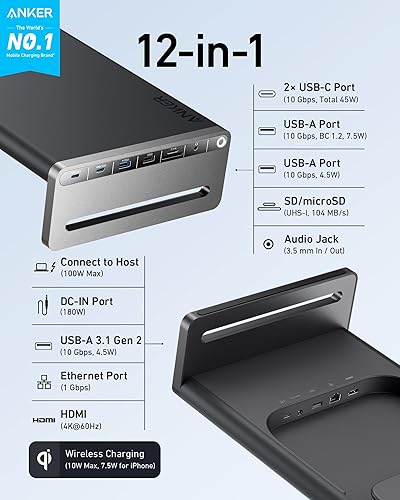 Miniatura 2 de Anker Estación de acoplamiento USB-C 675 (12 en 1, soporte de monitor, inalámbrico) con puertos USB-C de 10 Gbps, pantalla HDMI 4K a 60Hz,