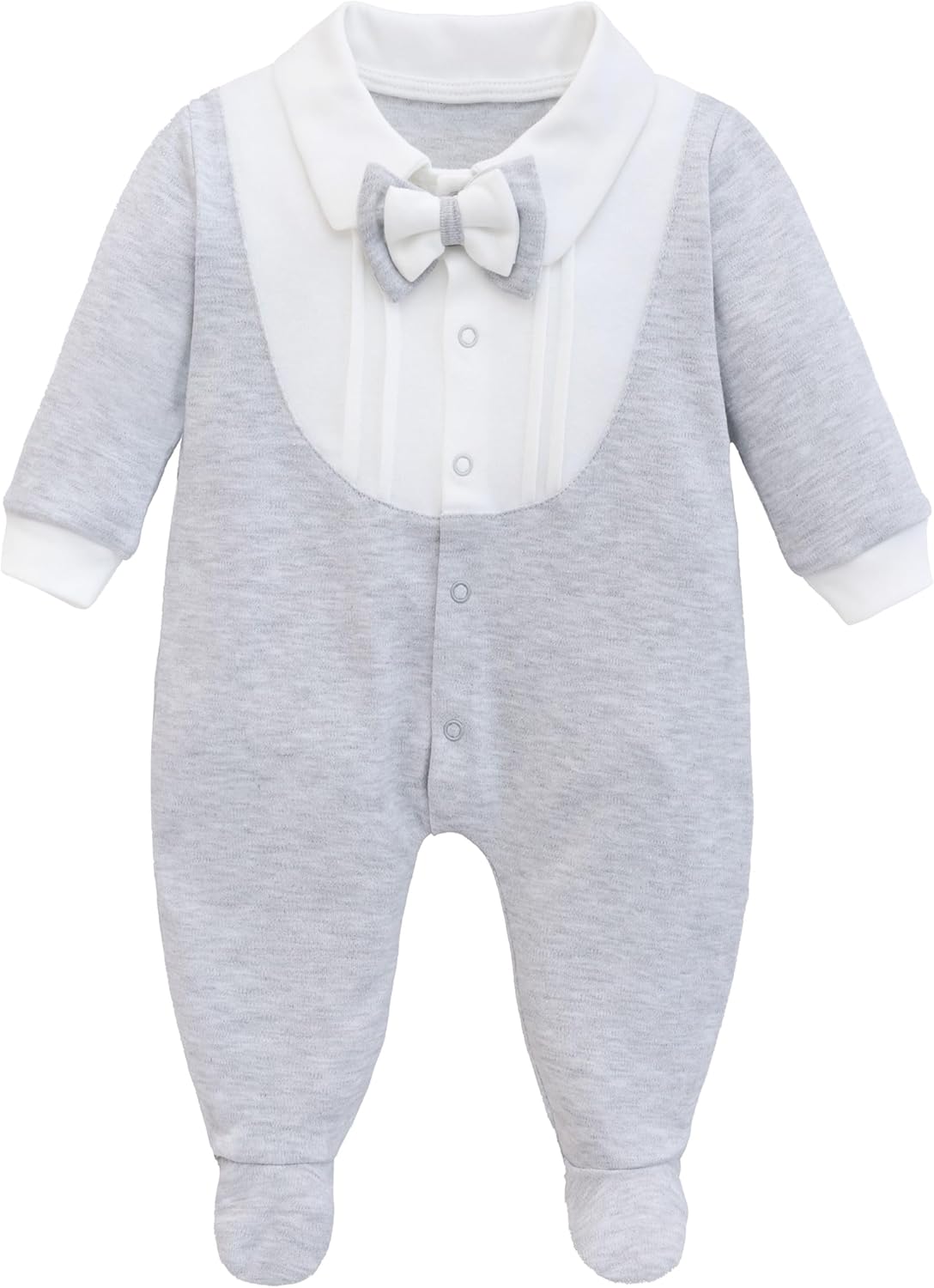 Lilax Baby Boy Gentleman Tuxedo Footie, Christmas Holiday Outfit with Bow Tie, Formal Wedding Long Sleeve Rompers