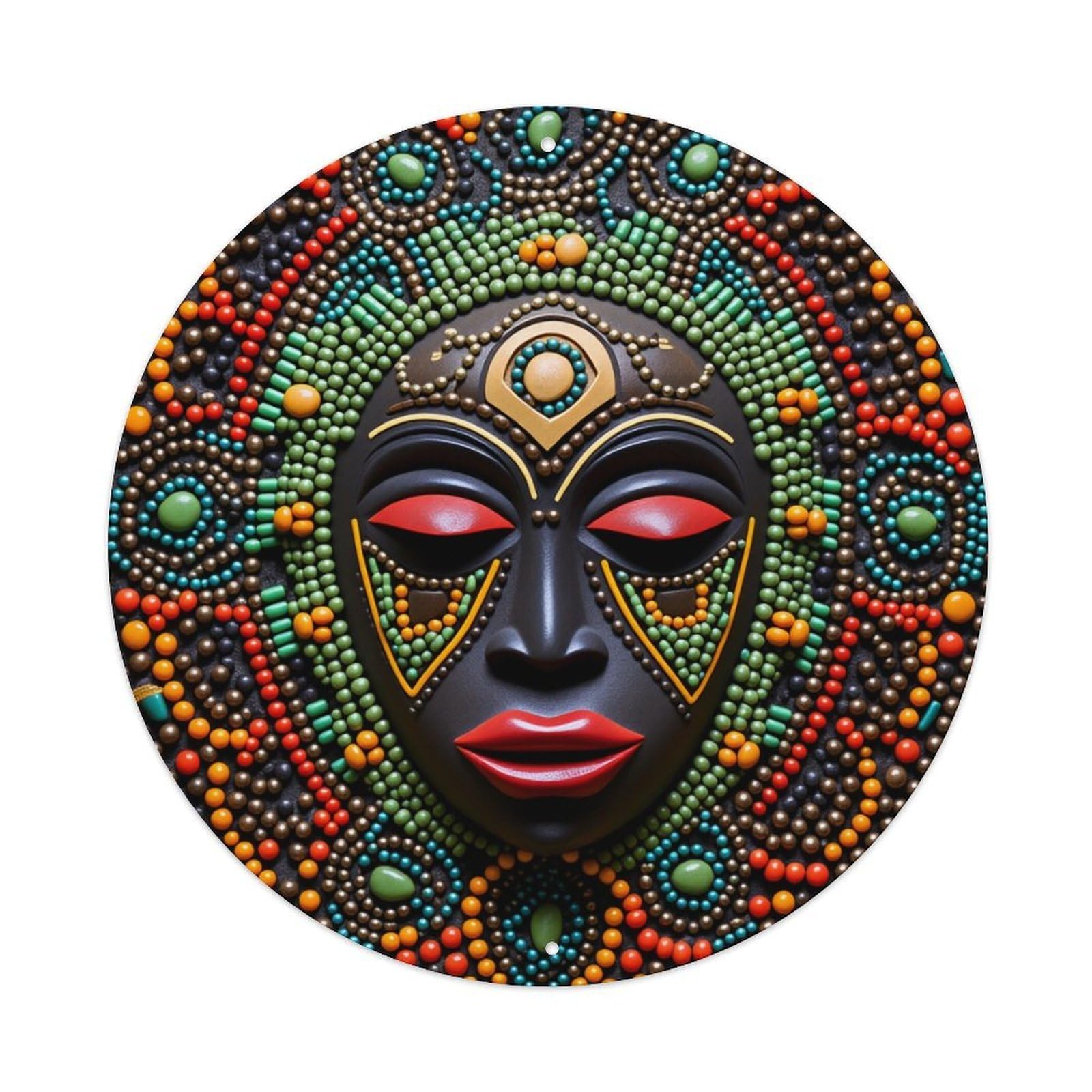 Colorful Beaded Tribal Mask Art Round Tin Sign Vintage Metal Poster, Home Bar Garage Man Cave Cafe Indoor & Outdoor Wall Decoration 8x8Inches