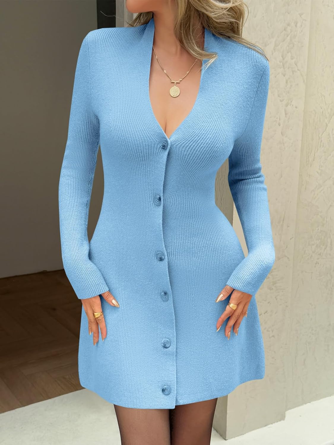 Wenrine Womens Deep V Neck Sweater Dress Sexy Knit Button Down Long Sleeve A Line Fall Mini Dresses - Image 3