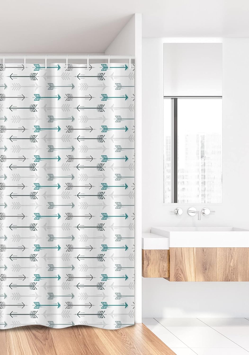 Ambesonne Teal Stall Shower Curtain, Retro Arrow Pattern in Horizontal Line Heading to Opposite Directions Art Print, Fabric Bathroom Decor Set with Hooks, 36" X 72", Grey Teal