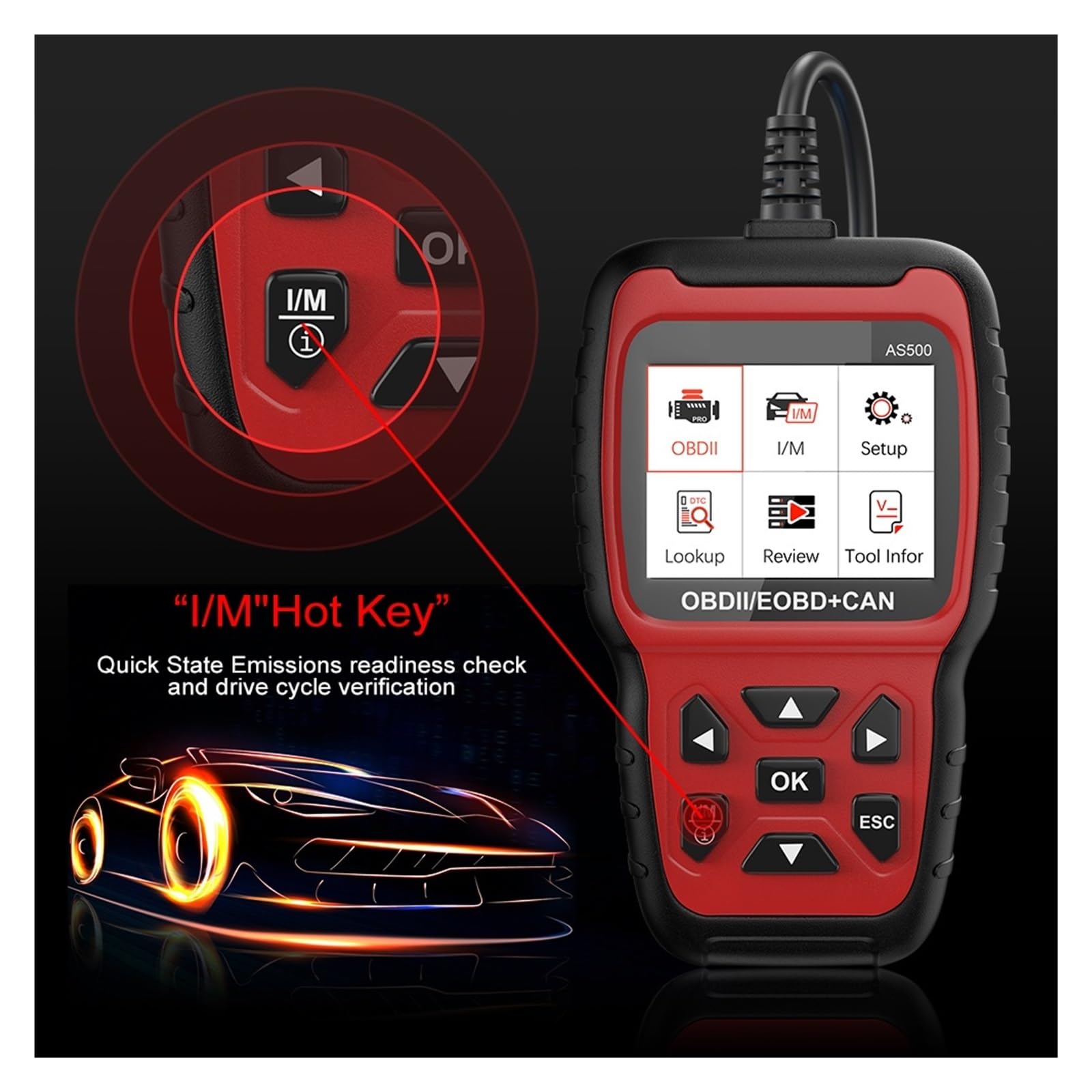 Escáner AS500 OBD2 for Comprobar el Motor del Coche, Lector de códigos, Herramienta de diagnóstico automotriz OBD 2 multilingüe