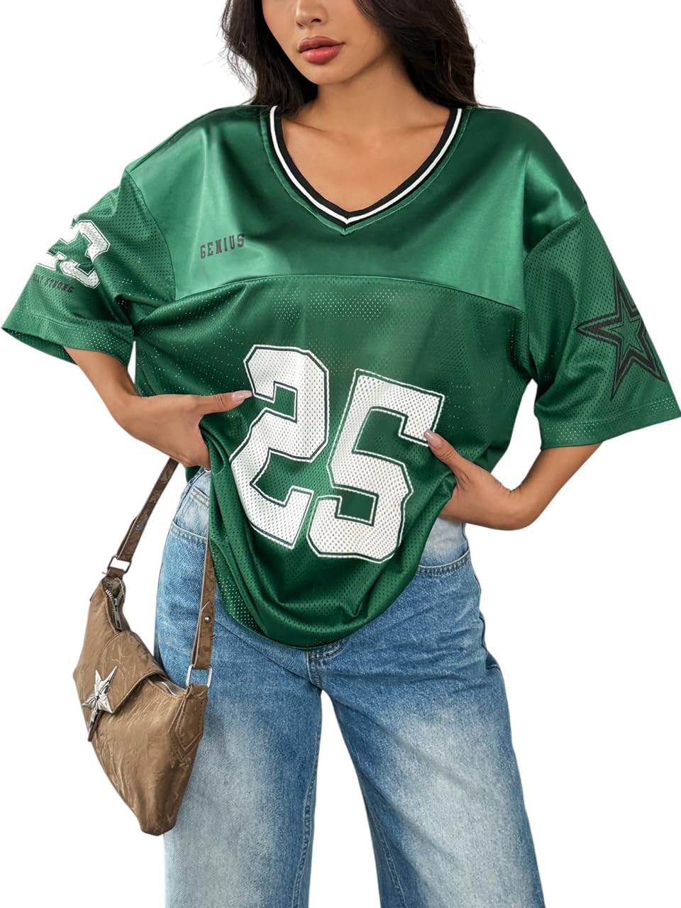 SOLY HUX Women's Y2k Baggy T-Shirts V Neck Half Sleeve Sportswear Tees Jersey Top Streetwear