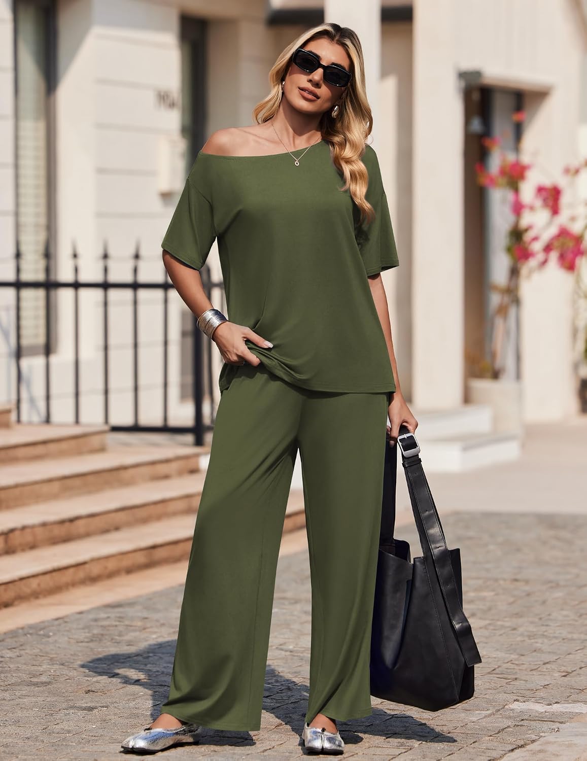 Ekouaer Lounge Sets for Women Off Shoulder(Right) Short Sleeve Tops and Long Pants 2 Piece Set Summer Soft Matching Outfit
