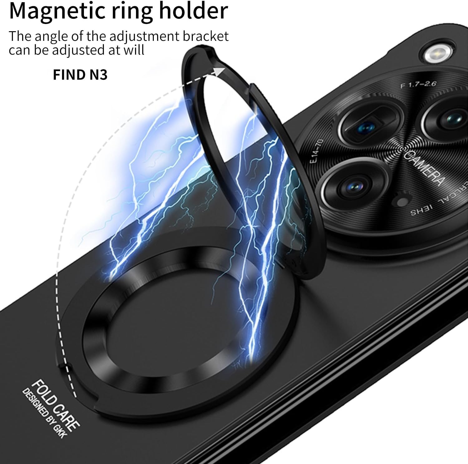 Compatible with OnePlus Open Case with Screen Protector Rugged PC Hard Cover Shockproof Magnetic Rotatable Ring Kickstand, Thin & Slim Phone Case(Gold)