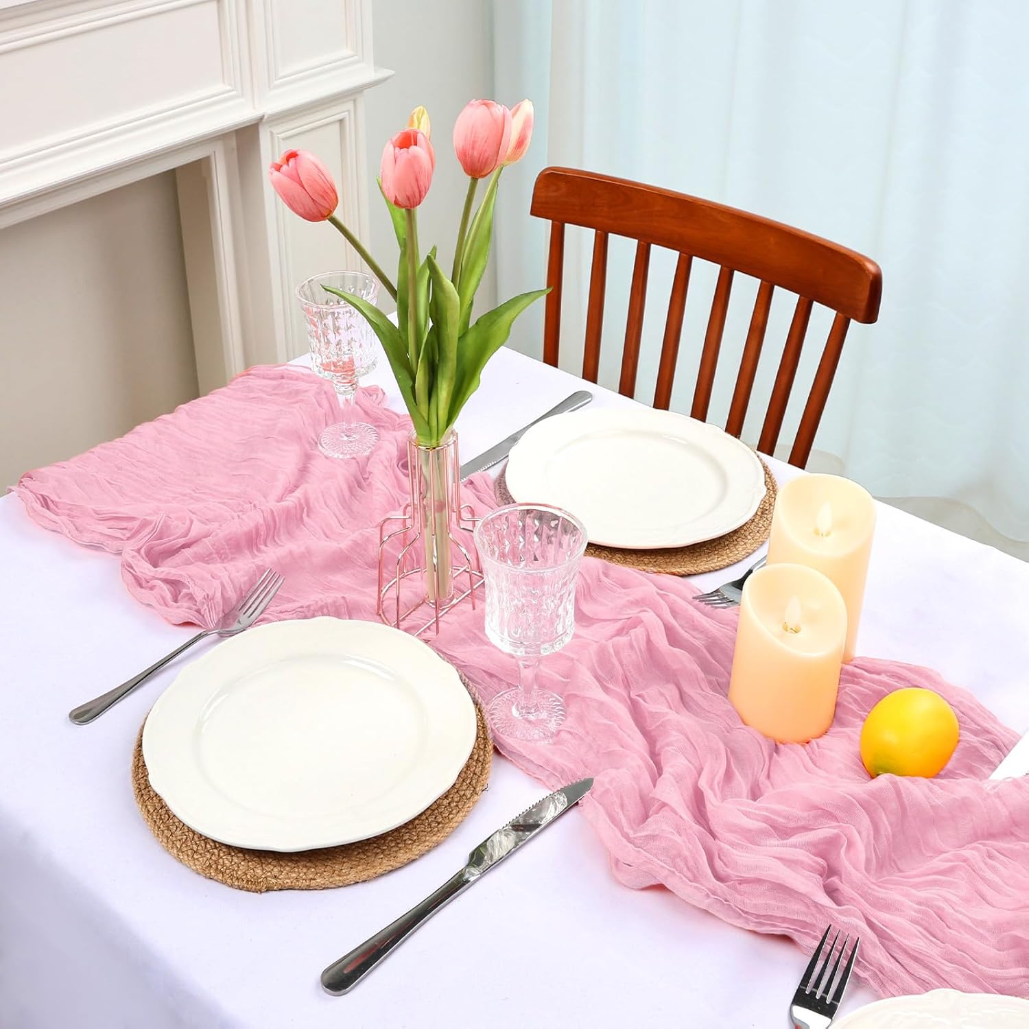 8 Pack Pink Cheesecloth Table Runner 10ft Boho Gauze 120 Inch Cheese Cloth Table Runner Rustic Sheer for Spring Holiday Baby Shower Party Décor Home Wedding Decoration