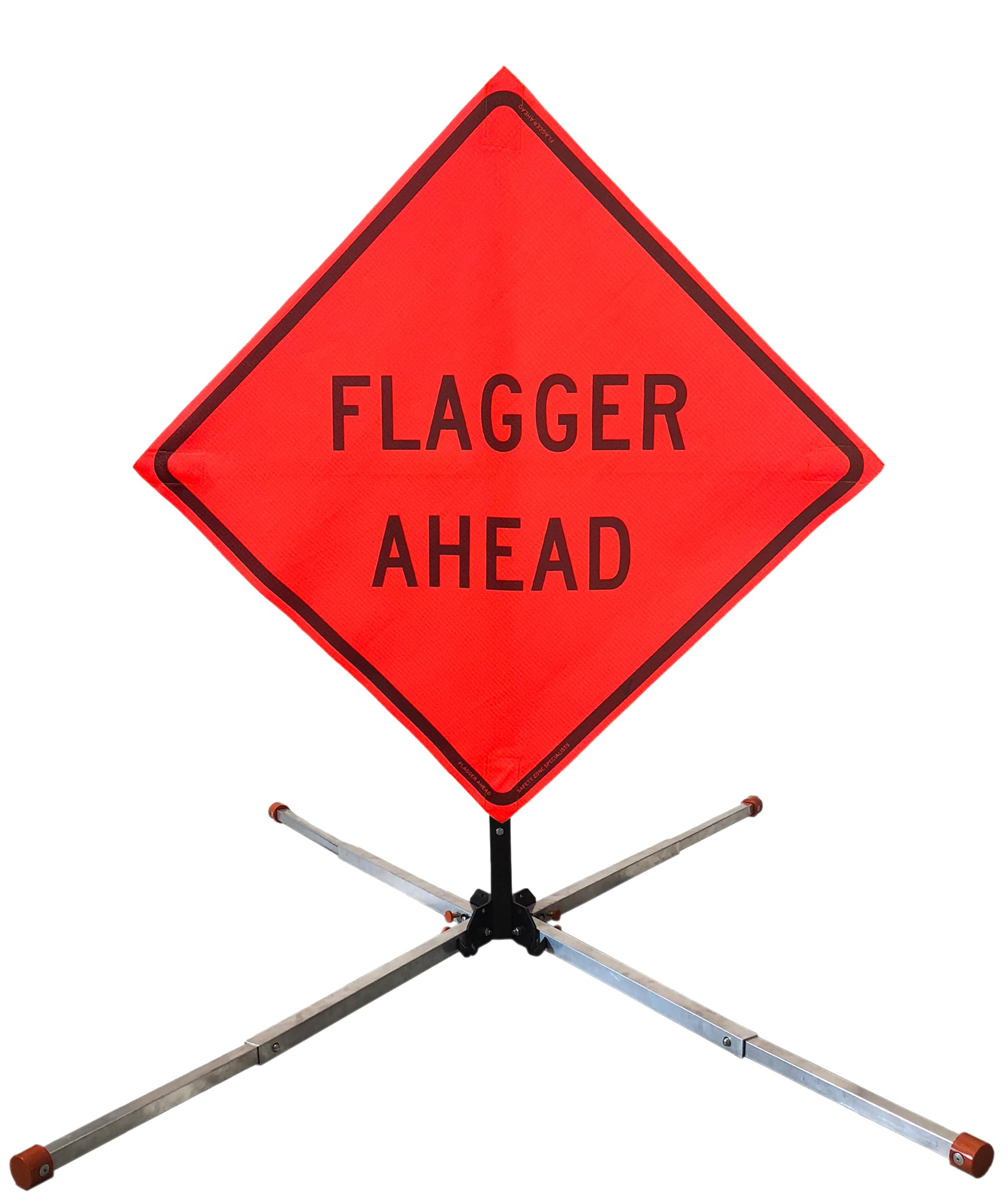 OrangeGear® 36" x 36" MUTCD TTC Compliant Safety Orange Mesh Rollup Traffic Control Sign, Fiberglass Ribs & Aluminum Sign Stand Kit (Flagger Ahead)