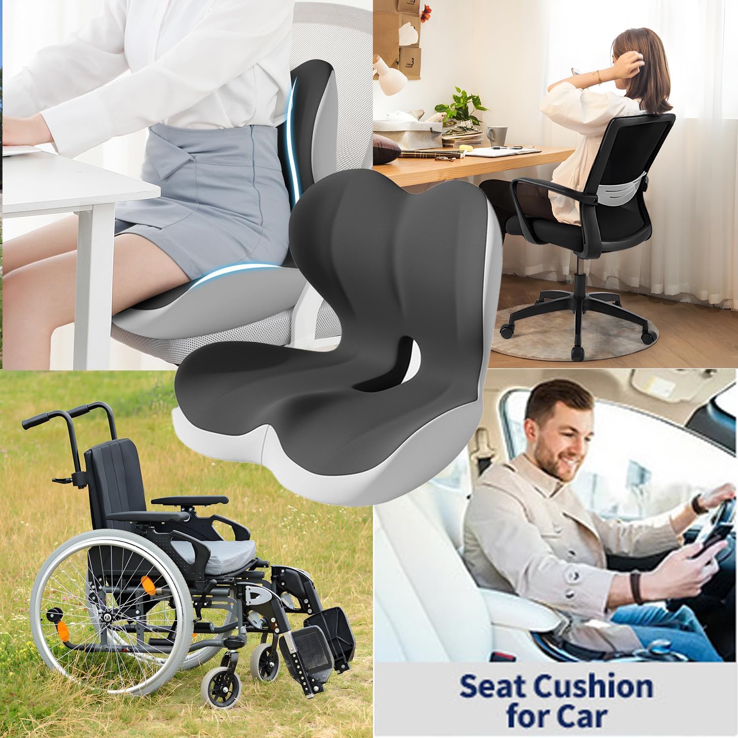 L-Shaped Seat Cushion for Long Sitting,Memory Foam Ergonomic Back Support Driving Seat Cushion for Back Pain,Non-Slip Design for Car, Truck, Home Chair & Office Seat (Black Gray)