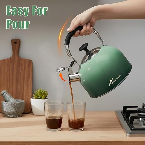 Miniatura 5 de Tetera de acero inoxidable para estufa, tetera de 2.5 cuartos de galón con mango plegable, tetera de agua de grado alimenticio para estufa, hogar,