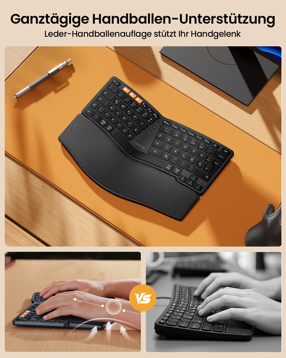 ProtoArc Ergonomiczna klawiatura Bluetooth, EK04 mini bezprzewodowa klawiatura Ergo, kompaktowa z podpórką pod nadgarstek, dzielona konstrukcja, naturalne uczucie pisania, Bluetooth i USB, możliwość