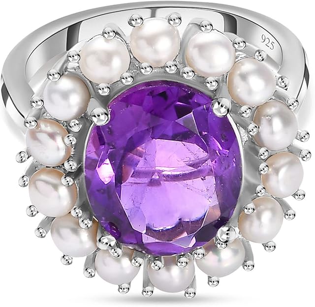 TJC Natural Amethyst Halo Ring for Women in Platinum Plated 925 Sterling Silver Prong Setting February Birthstone Metal Wt. 4.34 Grams