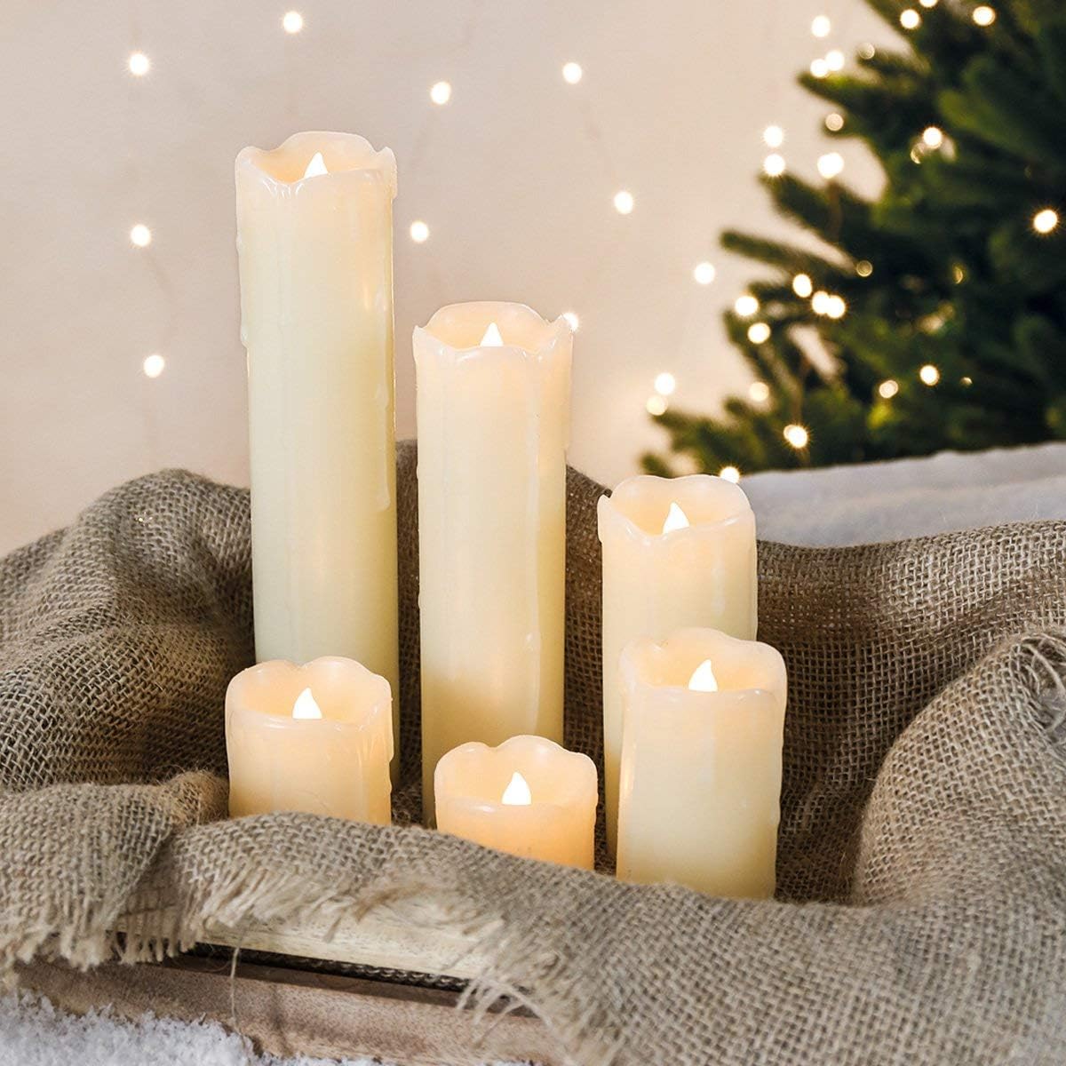 Festive Lights 6 Pack Cream Dripping Wax Pillar Real Wax LED Candles