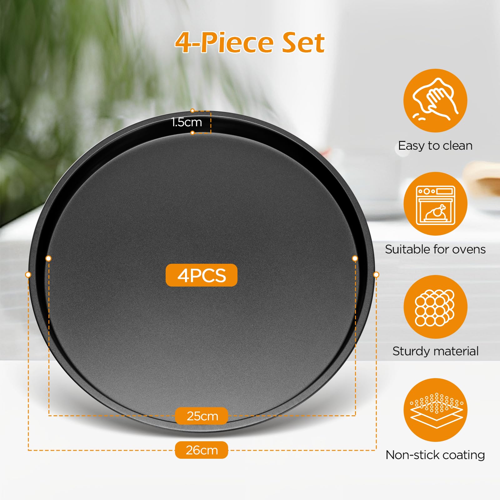 Romon plaque pizza Set de 4, 26 cm, Acier au Carbone avec Revêtement Teflon, Anti-adhésif, Sain et Durable, Idéal pour les Pizzas Maison