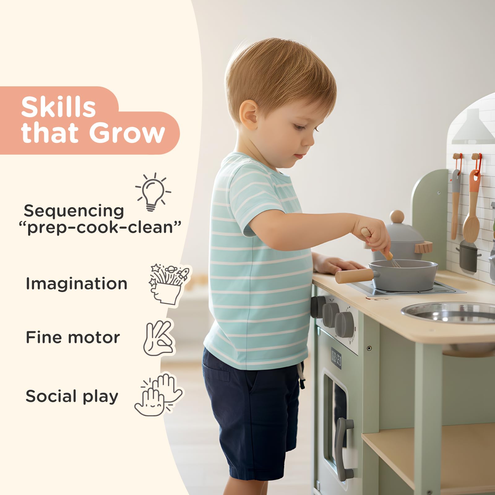 Nene Toys Drewniana Kuchnia Dla Dzieci – Kuchnia Zabawka z Zlewem, Piekarnikiem i Palnikami + 6 Akcesoriów – Zabawa w Gotowanie dla Dzieci 3–5 Lat – Solidne Drewno, Pokrętła, Łatwy Montaż