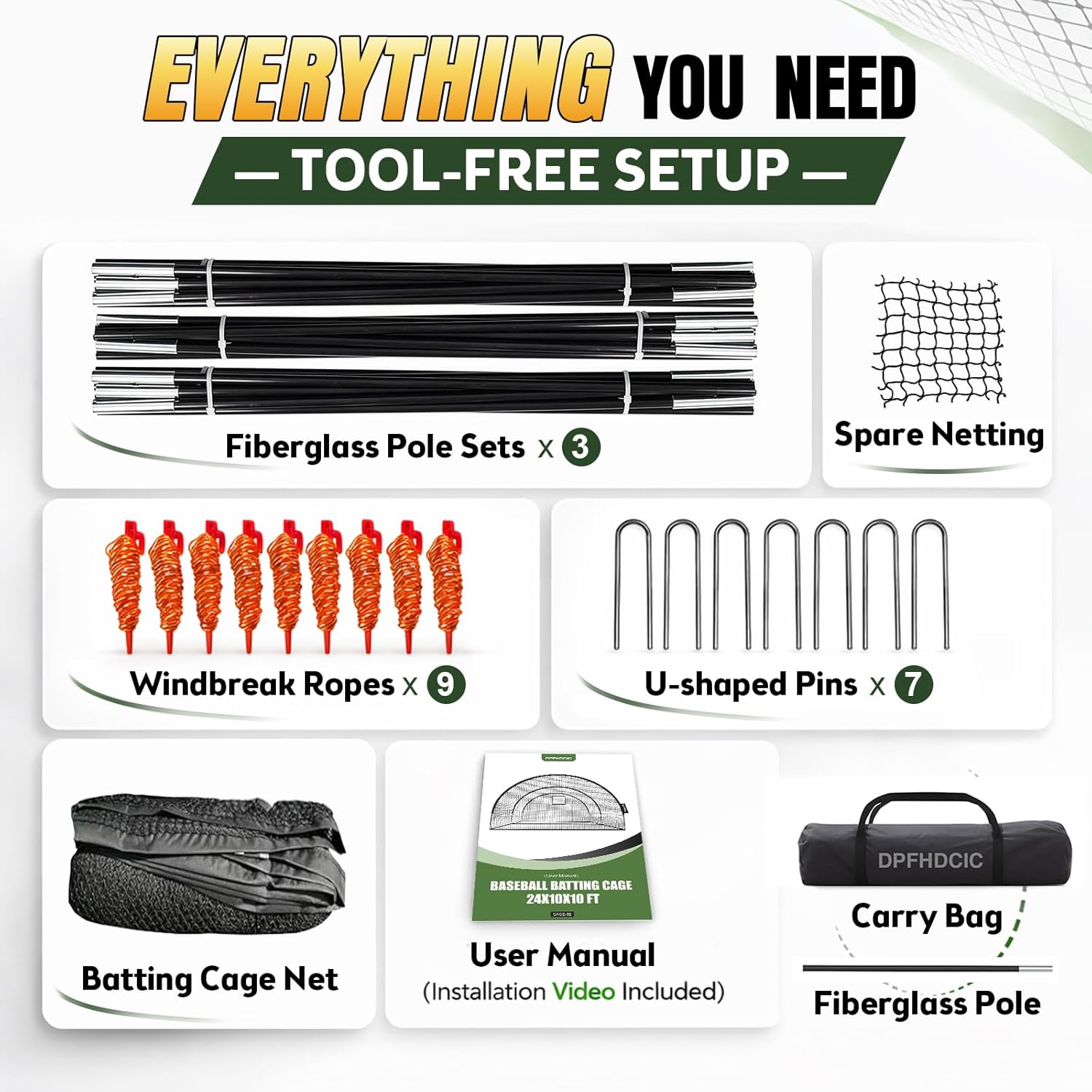 Baseball Batting Cages for Backyard 24ft x 10ft x 10ft Baseball & Softball Cage Net with Zipper Door 4-Ply Reinforced Netting Portable Batting Cage for Backyard & Outdoor Lawn Training