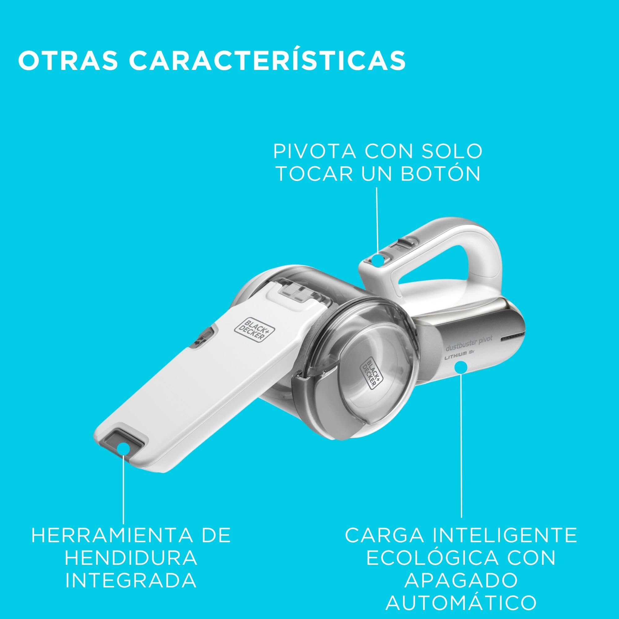 Black+Decker Aspirador de Mano sin Cable de 18 V con Cabezal pivotante, 8 Posiciones de Limpieza, Base de Carga y Accesorios, PV1820L-QW