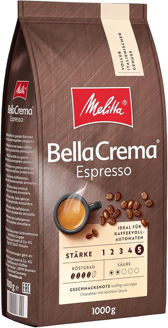 Melitta BellaCrema Espresso Ganze KaffeeBohnen 1kg, ungemahlen, Kaffeebohnen für Kaffee