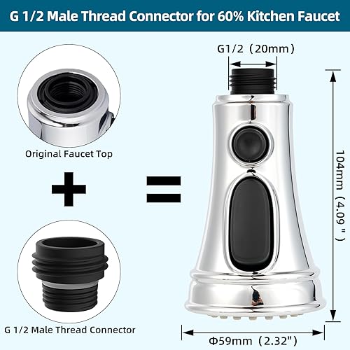 Miniatura 4 de Cabezal de grifo de cocina extraíble de repuesto de 3 funciones para grifo de cocina con kit de 9 adaptadores de acabado cromado, cabezal de