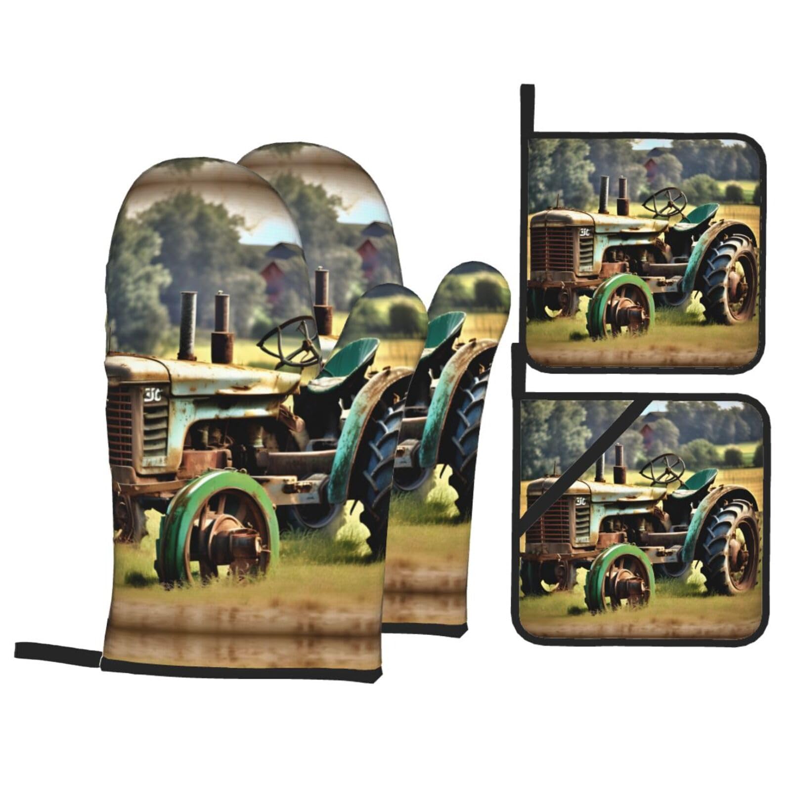 Nimongt Black Old Tractor Photo Farm Print Heat-Resistant 4-Piece Oven Kitchen Gloves For Baking Cooking Microwaving Essentials