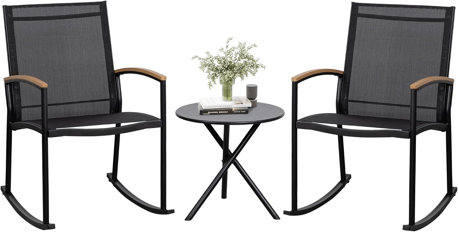 3-Piece Outdoor Rocking Bistro Set with Side Table, Ergonomic Rockers with Rust-Resistant Steel & Breathable Mesh Furniture for Small Balcony, Deck, and Morning Coffee, Black