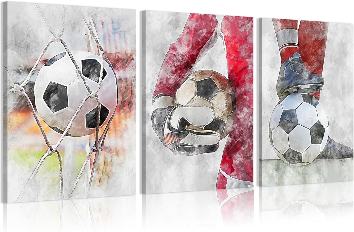YOXORDQ 3Pcs Soccer Canvas Wall Art Kids Soccer Poster Prints Red Soccer Painting Picture for Childs Baby Room Wall Decor 12x16in Framed