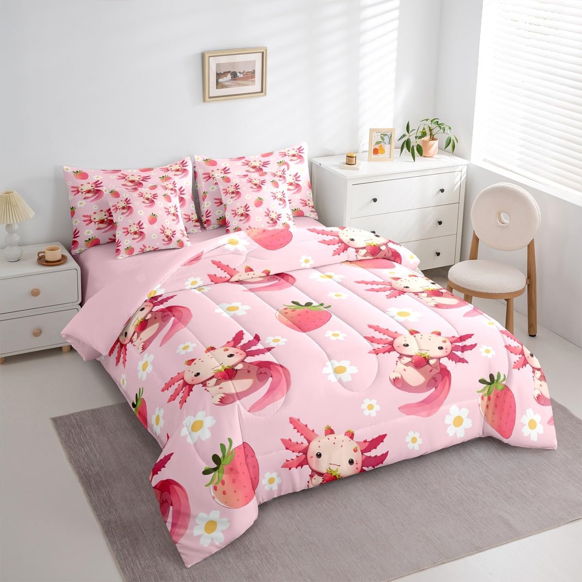 Strawberry Axolotl Twin Size Comforter Set with Sheets Cute Pink Axolotl 7-Piece Bedding Set for Kids Girls Teens Cute Daisy Flower Bed in a Bag Kawaii Sea Animal Bed Quilt Sets with Floral Design