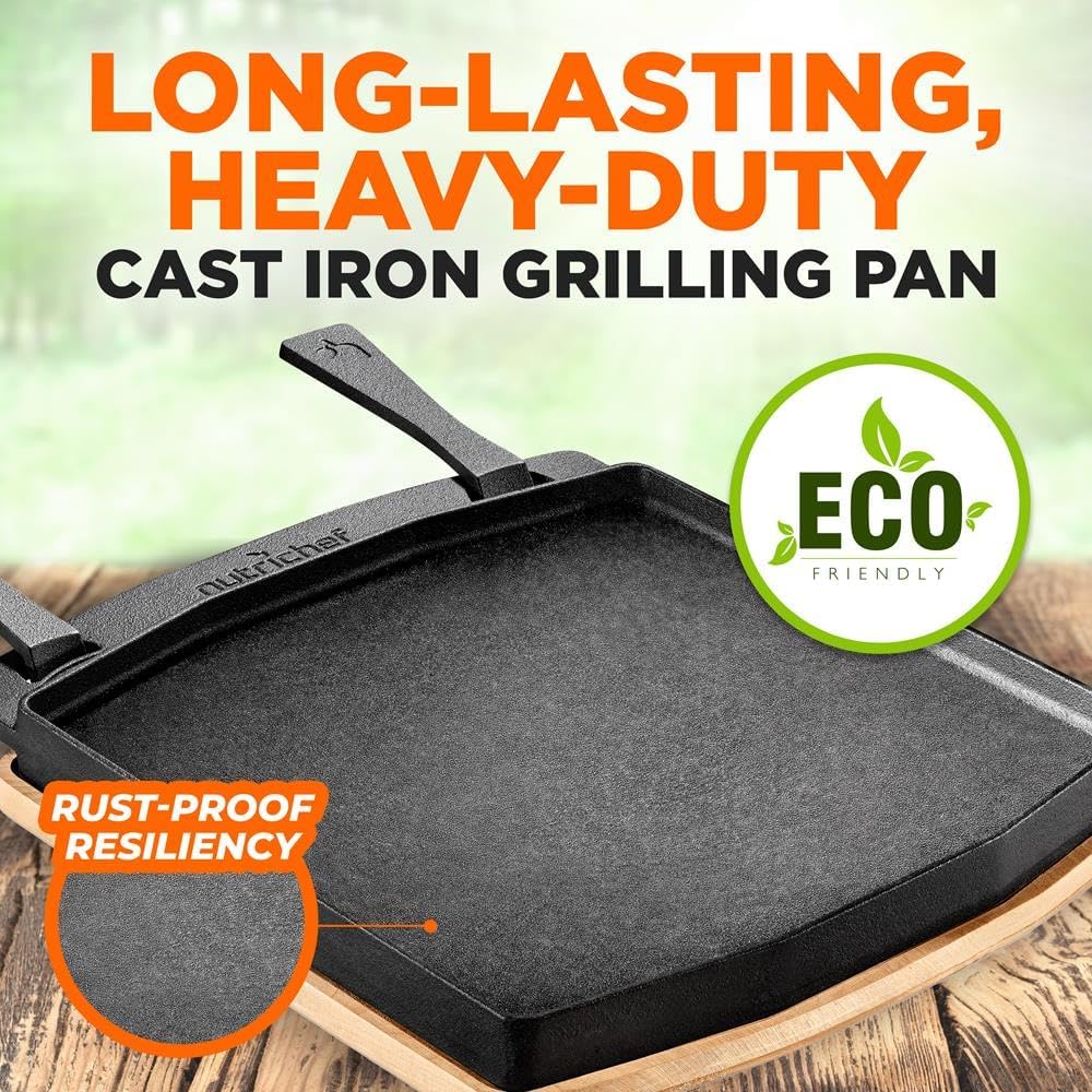 NutriChef Cast Iron Reversible Grill Plate with Removable Handles - Square Griddle Skillet for Stove Top, Flat & Grill Side, Oven Safe, Includes Wood Base