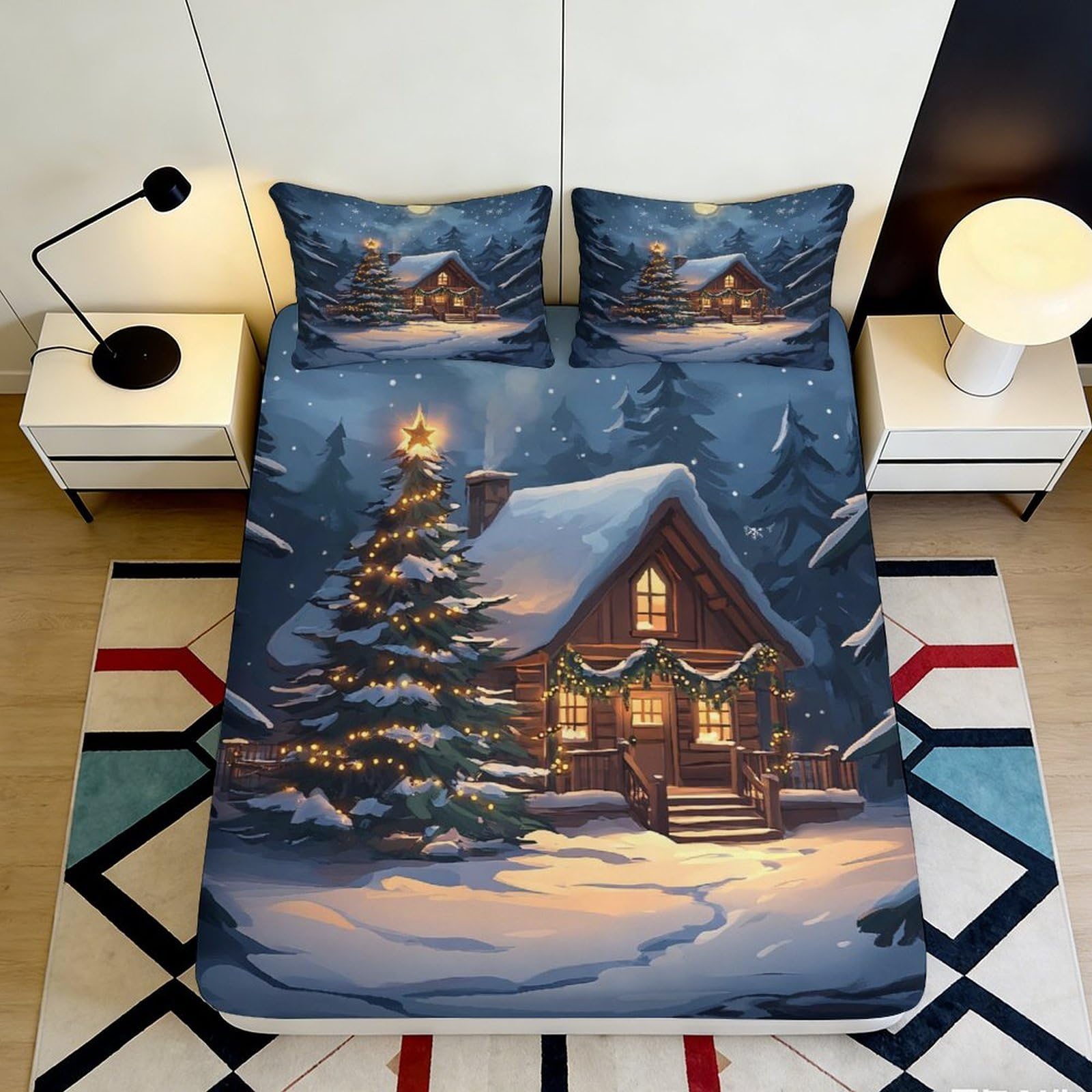 3D Printed Christmas Snowy Night Microfiber Fitted Sheet Deep Pocket Elastic Hem Bedroom Bedding Snow Scene Mattress Fitted Cover Washable 160x200x25cm
