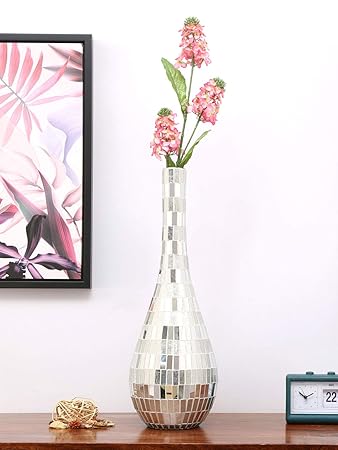 @home By Nilkamal Glass Long Neck Vase (19.5 x 19.5 x 56 cm, Silver)