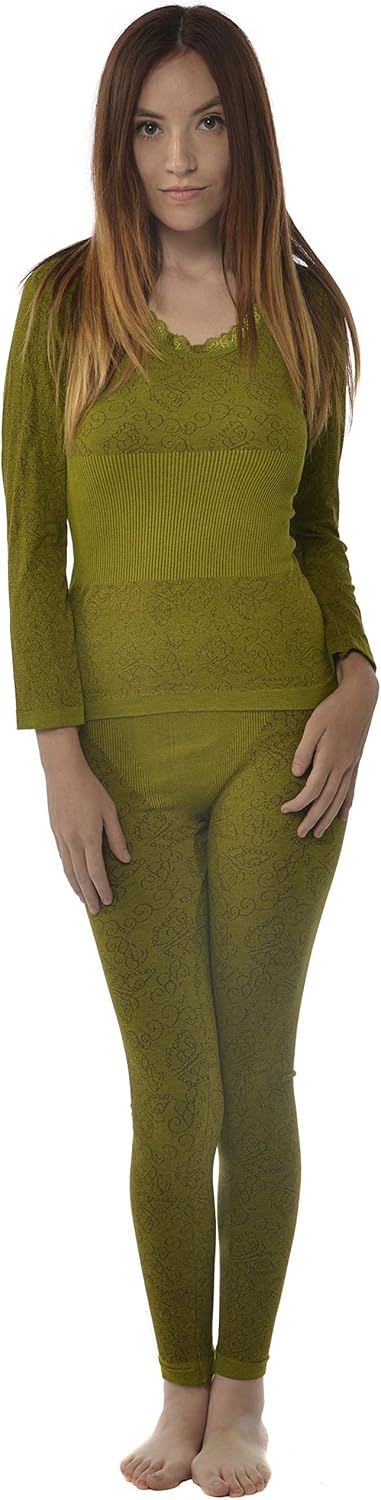 Leisureland Women's Lace Stretch Seamless Thermal Underwear Set