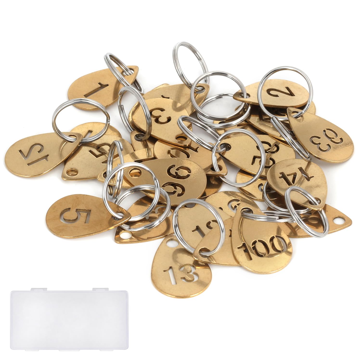 Targhette per chiavi con numeri, in ottone, a forma di goccia, etichette con numero in metallo, etichette portachiavi, da 1 a 80
