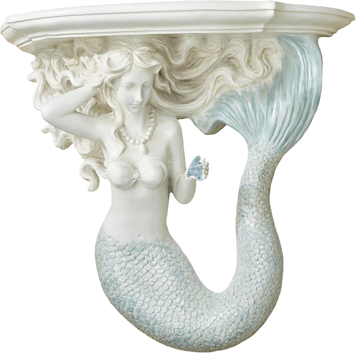 Touch of Class Adellia Mermaid Floating Wall Shelf | Handpainted | Antique White | Charming Sophisticated | Wave Coastal Beach Nautical Mystical | Seaside Ocean |
