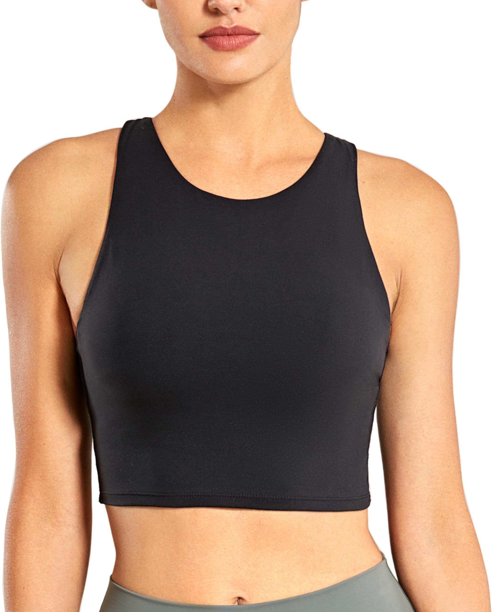 CRZ YOGA Women's High Neck Longline Sports Bra - Padded Racerback Yoga Bra Crop Tank Top with Built in Shelf Bra