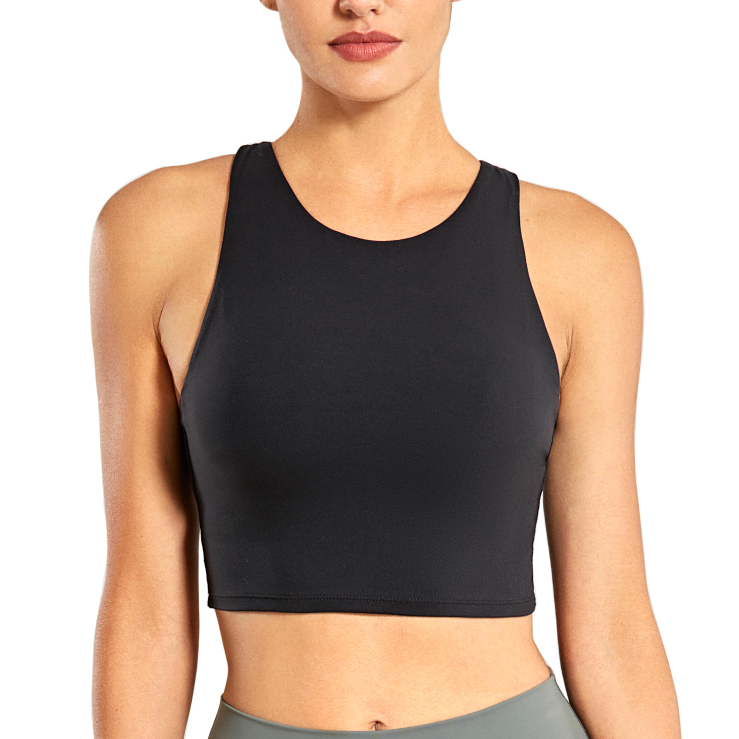 CRZ YOGA Women's High Neck Longline Sports Bra - Padded Racerback Yoga Bra Crop Tank Top with Built in Shelf Bra