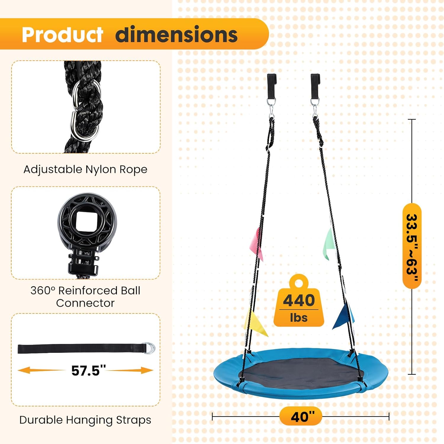 NEWBULIG 40" Saucer Tree Swing for Kids Outdoor, 440lb Weight Capacity Round Swing Seat, 600D Oxford Fabric with Adjustable Ropes, 2 Hanging Straps & Carabiners for Backyard Playground, Blue