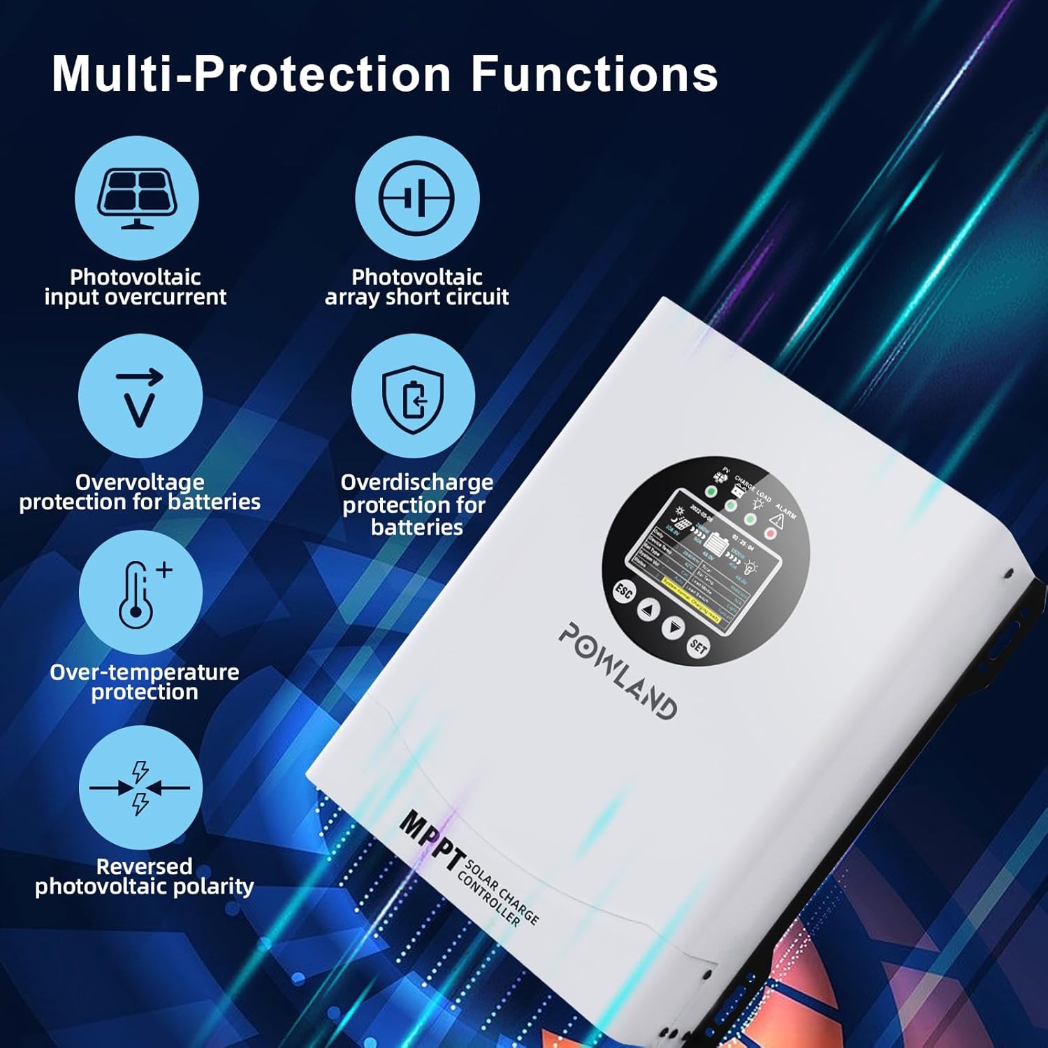 POWLAND 120A MPPT Solar Charge Controller with icons for multi-protection functions