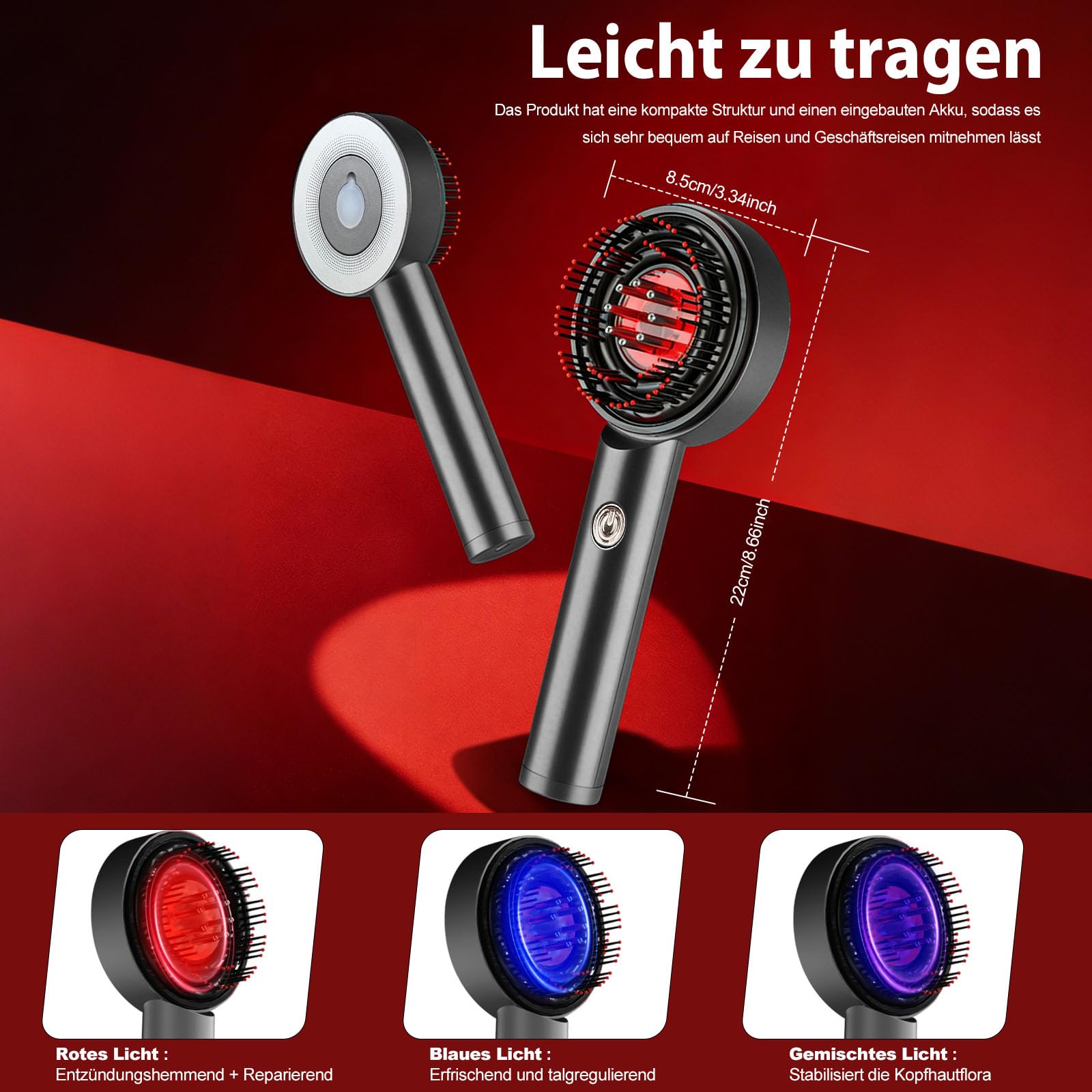3-in-1 Rotlicht Haarbürste Elektrisch Kopfmassagegerät mit 6ML Haaröl Applikator, Kopfhautmassage mit Rotlicht/Blaulicht/Mischlicht, IPX7 Wasserdicht