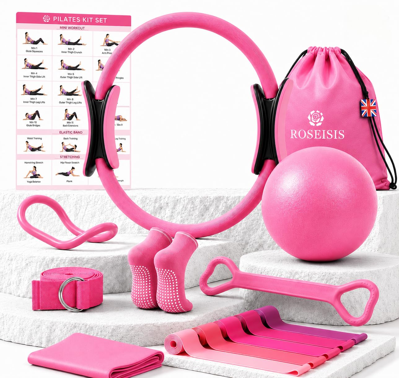 ROSEISIS Pilates Kit 14-Piece Pilates Ring Set for Women & Beginners, with Non-Slip Socks, Mini Ball & Resistance Bands, Pilates Equipment for Home Workout, Strength, Flexibility, Toning Set