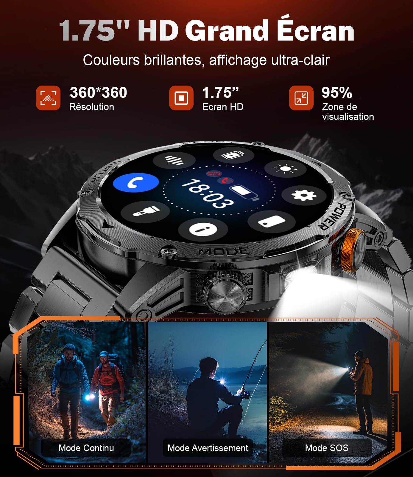 Reloj Inteligente Hombre,1000mAh,3 Correas,1.75" HD Smartwatch Hombre Militar con Llamadas LED Linterna 5ATM Impermeable 120+ Modos Deportivos Podómetro Pulsera Actividad Android iOS Negro