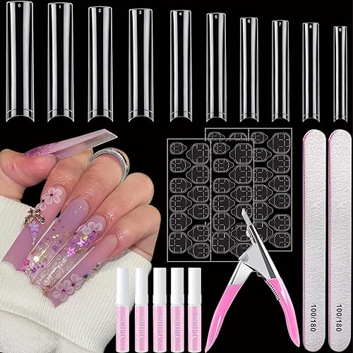 AITRAI - 500 puntas de uñas cuadradas, uñas largas para uñas acrílicas, kit profesional de uñas postizas acrílicas transparentes con pegamento,