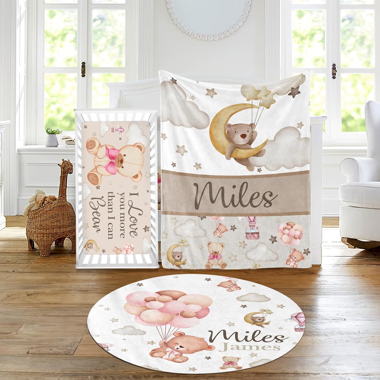 Custom Baby Crib Bedding Set - Moon Animal Personalized Name Nursery Bed 3 Pcs Set - Chic Soft Blanket, Sheet, Crawling Rug for Newborns Boys Girls Gifts Color04-Bear