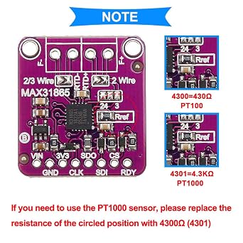 MAX31865 PT100 / PT1000 RTD Temperature Thermocouple Sensor Amplifier Board 3.3/5V Temperature Detector Module for Arduino with -50 to 200 ℃ 0.5m/1.6ft 3 Wires PT100 RTD Sensor Probe