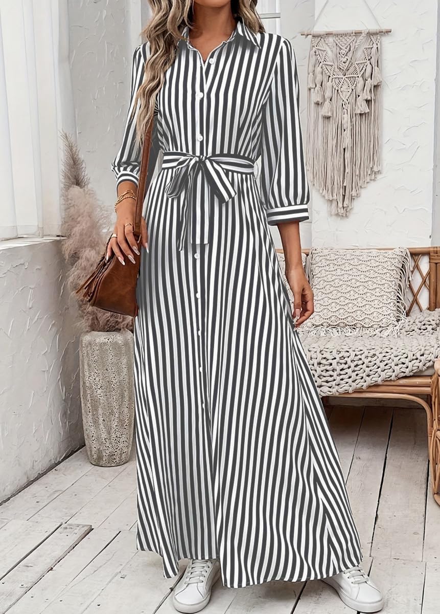 chouyatou Women's Casual 3/4 Sleeve Striped Shirt Dress Button Down Swing Flowy Maxi Beach Dress with Belt - Image 2